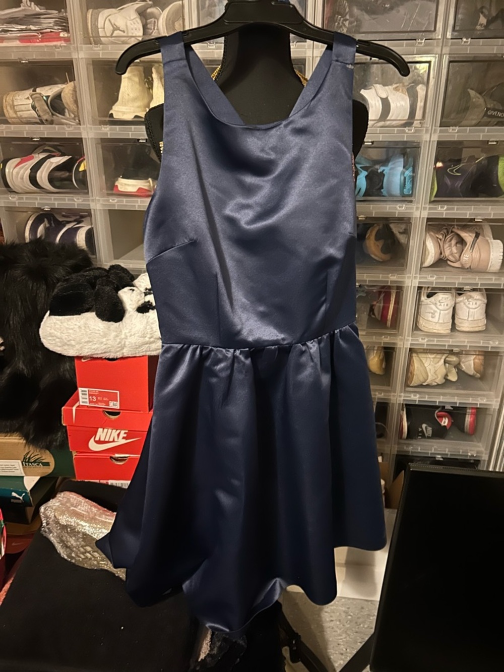 Navy Satin Sleeveless Fit-and-Flare Dress